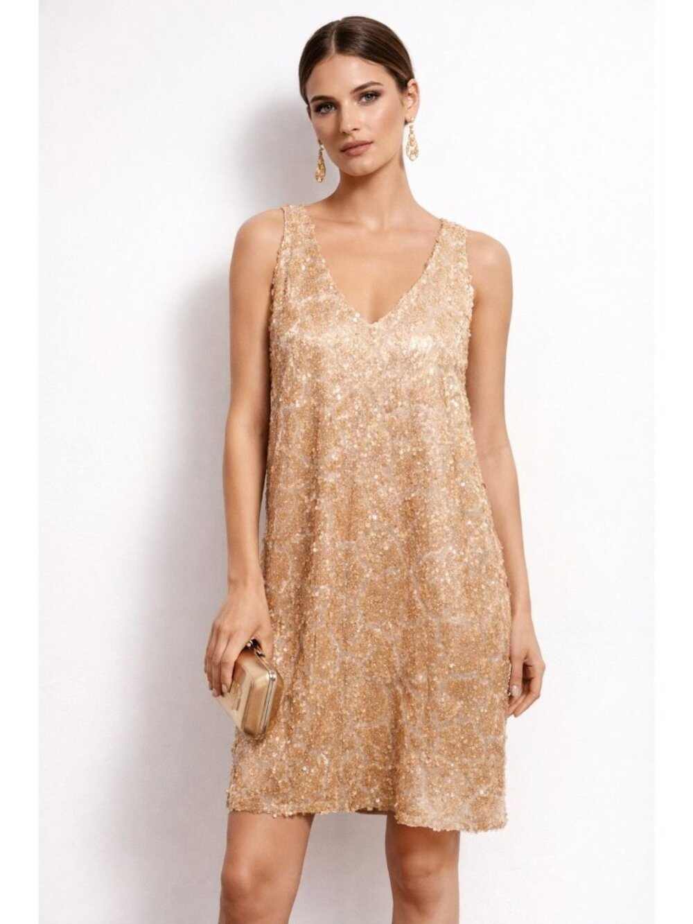 Gianni Bini Evening Wear Modern Gold Sequin Sleeveless Glam Shift Dress Womens L